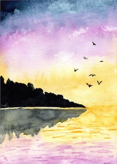 夕焼け空紫とオレンジ色の曇り自然の背景の水彩絵の具で抽象的なデザイン 芸術的な染色 プレミアムベクター 夕焼け空紫とオレンジ色の曇り自然の背景の水彩絵の具で抽象的なデザイン 芸術的な染色 プレミアムベクター