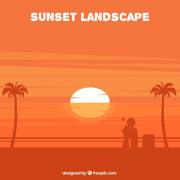 無料Vector 恋にカップルと日没の風景