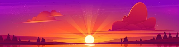 Free vector sunset landscape with lake and trees