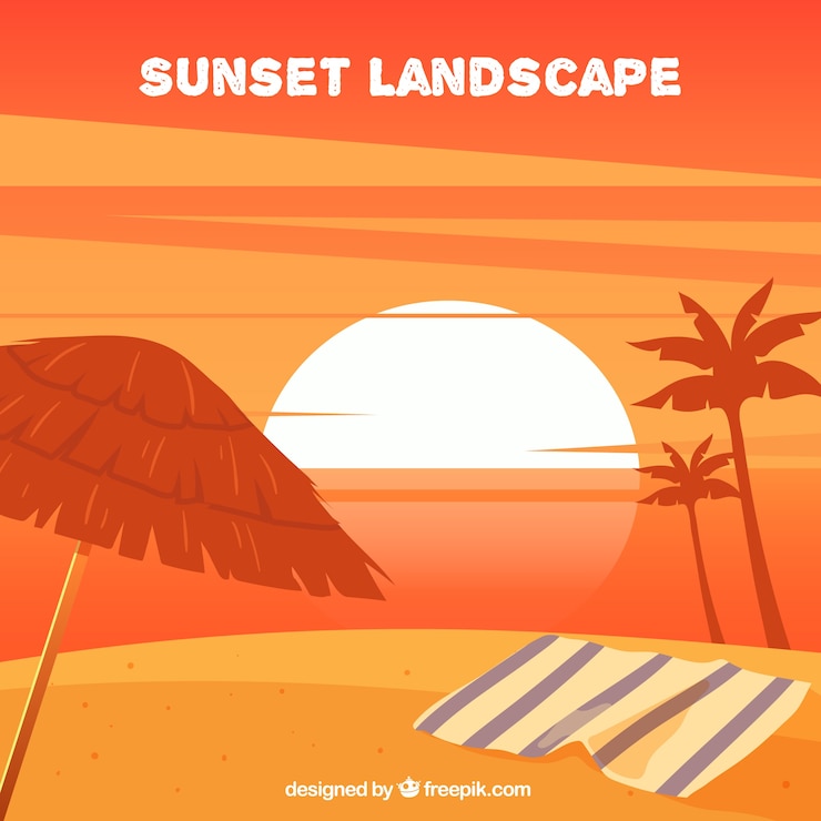 無料Vector タオルやヤシの木と日没風景