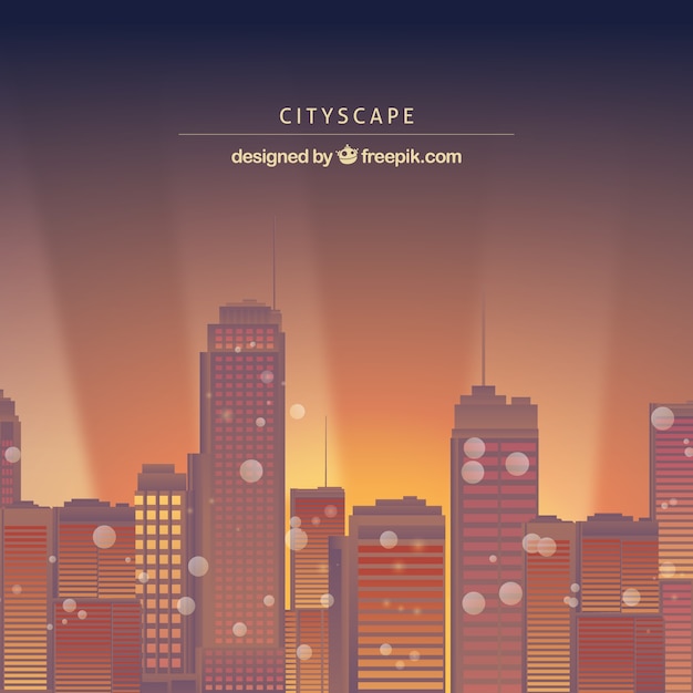 Free vector sunset modern city background with bokeh effect
