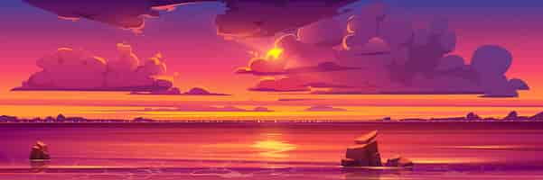 Free vector sunset in ocean, pink clouds in sky with shiny sun