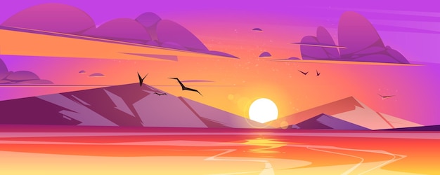 Free vector sunset in ocean or sea scenery nature landscape. purple clouds in orange sky with flying gulls and shining sun go down mountains above rocks and calm water surface in evening cartoon vector background