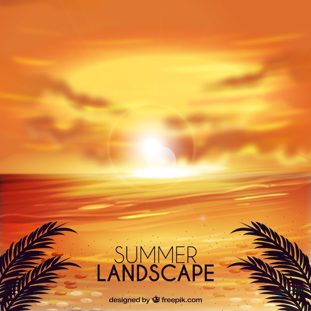 Бесплатное векторное изображение Закат на пляже фоне пейзажа