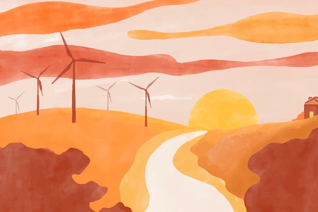 Sunset pathway, wind turbines summer background vector