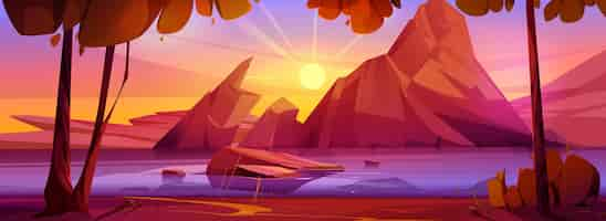 Free vector sunset sky and mountain lake vector background panoramic summer nature scene with sun ray and river coast in evening beautiful beach in pink purple and yellow magic light and rock in calm water