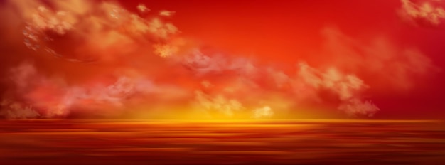 Vettore gratuito cielo al tramonto in mare nuvole rosse che sorvolano l'oceano