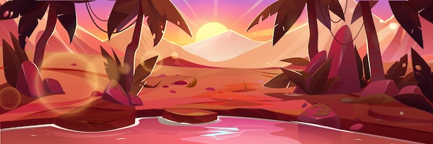 Free vector sunset or sunrise in desert cartoon panoramic sandy landscape with dune hills and oasis water in lake or pond palm trees and plants in hot dry safari vector illustration of pink african scenery