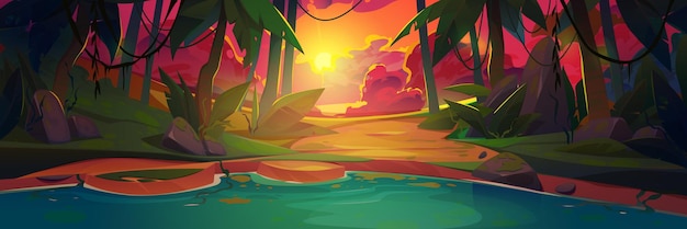 Sunset tropical jungle forest lake dusk landscape