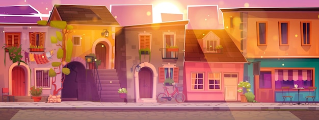 Free vector sunset in vintage italy city street vector background restaurant window in old building near road cartoon landscape italian village with balcony outside facade pink sky in european retro town