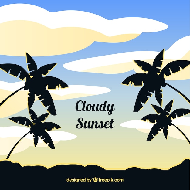 Free Vector sunset with clouds and plam trees background in flat style