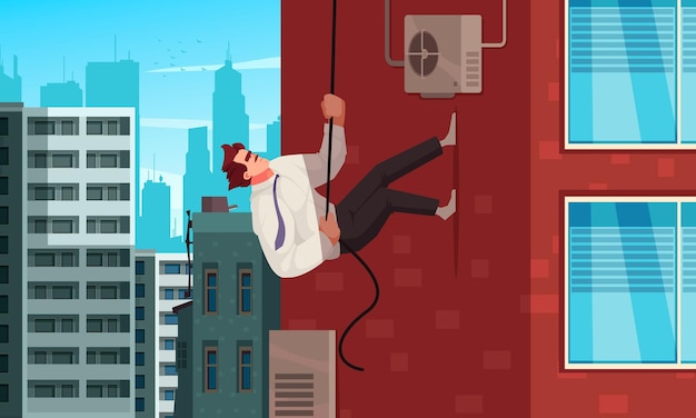 Free vector super agent cartoon poster with male climbing skyscrapper wall vector illustration