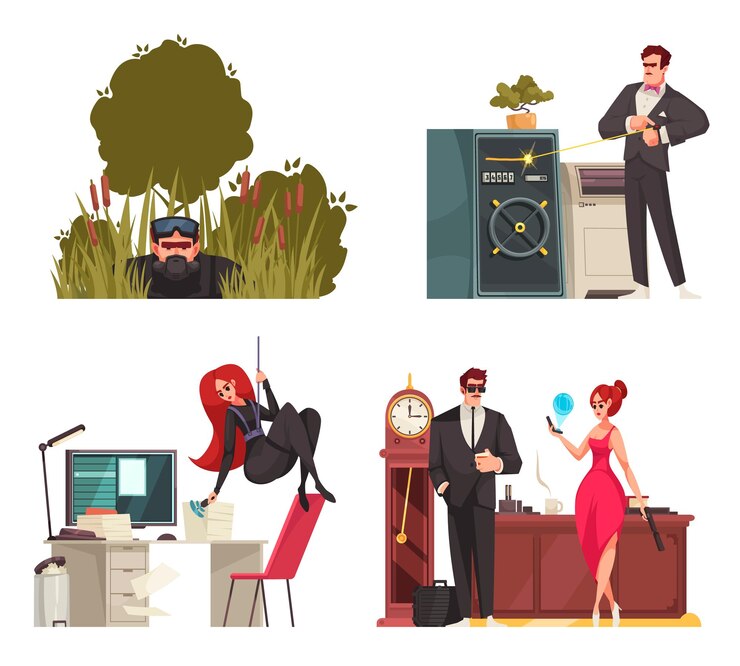 Free Vector super agents cartoon composition set with male and female superheroes on secret missions isolated vector ilustration