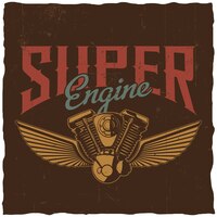 Vettore gratuito poster super motore con pezzo di ricambio moto disegnato a mano e due ali