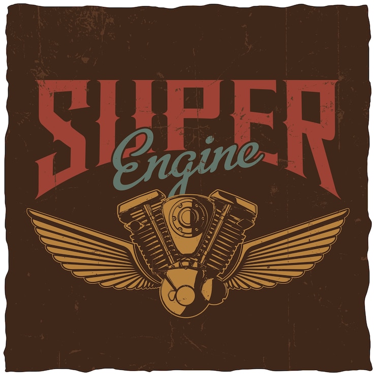 Free Vector super engine poster with hand drawn motorcycle spare part and two wings