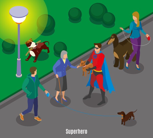 夕方の時間を歩いている犬の間に老婦人のペットを保持しているスーパーヒーロー