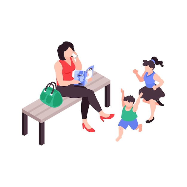 그녀의 아이들이 3d 아이소메트릭 그림을 걷는 동안 전화 읽기 잡지에 대해 이야기하는 슈퍼 엄마