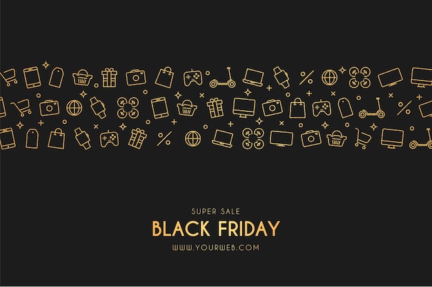 Super vendita black friday banner con icone del negozio