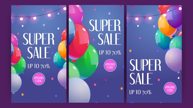 Супер распродажа мультяшных баннеров с разноцветными воздушными шарами, светящимися гирляндами и конфетти праздничные рекламные листовки с промокодом скидки на покупки предлагают сезонную распродажу карты векторная иллюстрация