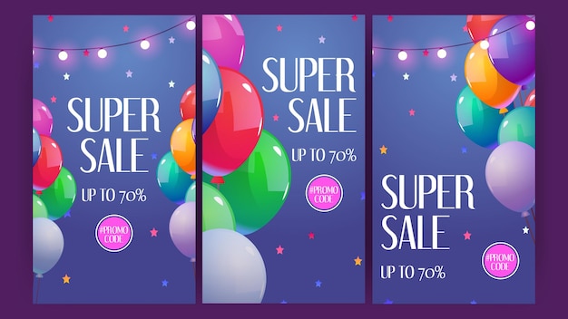 Super sale cartoon banners with colorful balloons glowing garlands and confetti holiday promotional flyers with promo code shopping discount offer seasonal clearance cards vector illustration