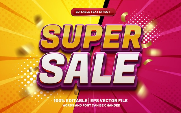 Super sale hero cartoon comic 3d editable text effect with gold flying ribbon out of focus