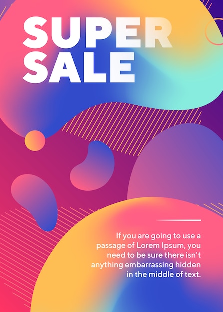 Бесплатное векторное изображение Супер распродажа постер с абстрактными неоновыми формами и текстом