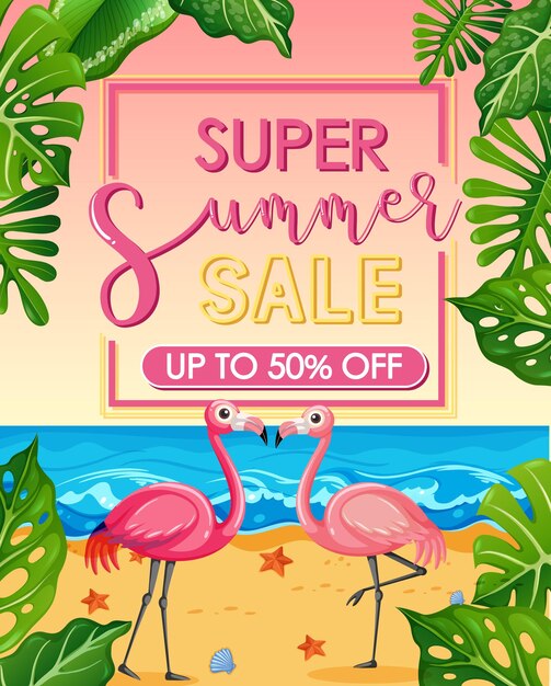 Super Summer Sale banner with flamingo at the beach