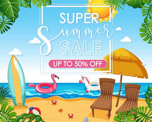 Super Summer Sale font on beach background