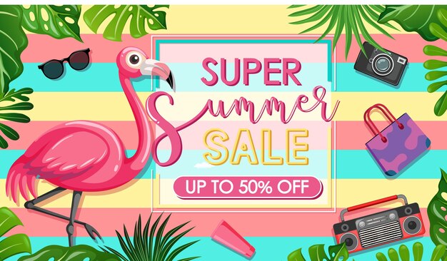 Super Summer Sale font with flamingo and summer icons banner