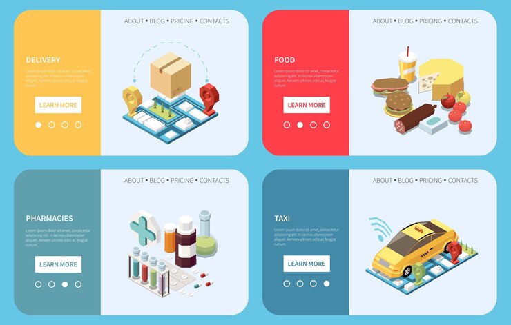 Free Vector superapp isometric banner set with food delivery and taxi applications isolated vector illustration