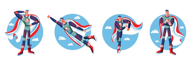 Free Vector superhero in costumes set comic book heroes with capes posing on blue sky background