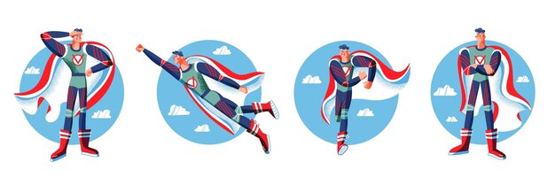 Супергерой в костюмах набор героев комиксов с накидками, позирующих на фоне голубого неба