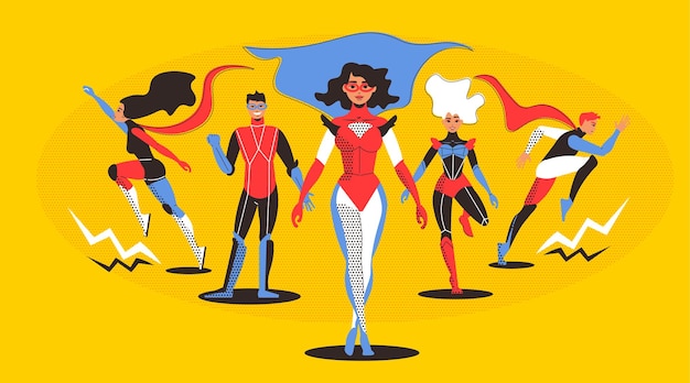 Горизонтальная иллюстрация супергероя с молодыми бегущими людьми, одетыми в красочные костюмы супергероев на желтом фоне, плоская векторная иллюстрация