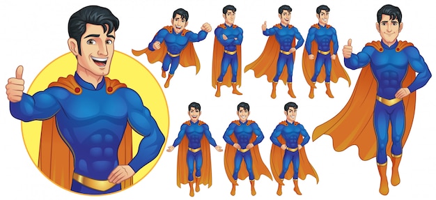 Superhero mascot character in nine poses