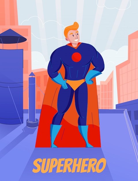 Free vector superhero retro comic book character standing on roof in blue full bodysuit and orange cape