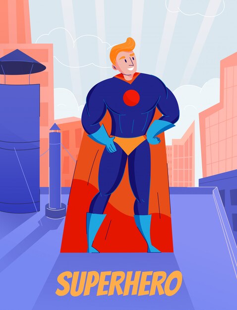 Superhero retro comic book character standing on roof in blue full bodysuit and orange cape