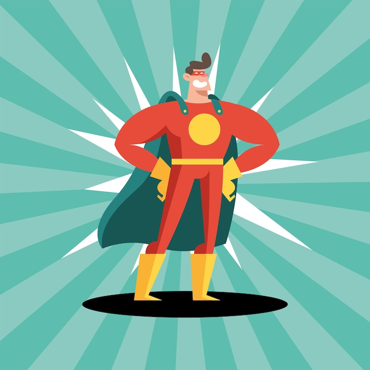 Free Vector superhero standing in front sunburst