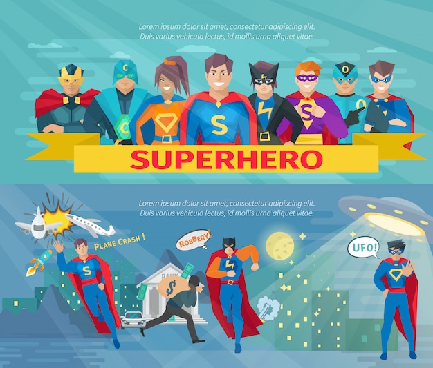 Free vector superhero team horizontal banners set with saving the world symbols