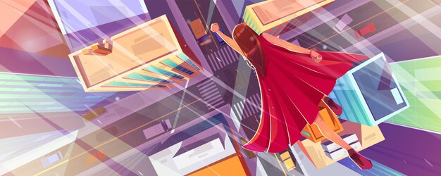 Superhero woman fly above city street with houses