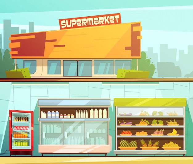 Supermarket building entrance street view and groceries dairy\
shelves indoor 2 retro cartoon banners