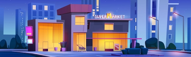 Supermarket building exterior on night city street