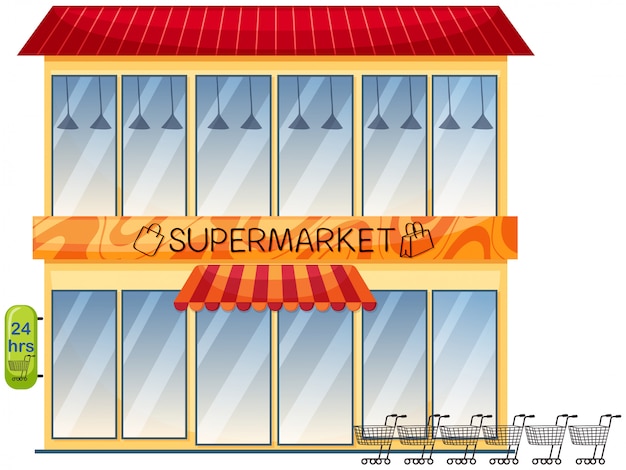 A supermarket building on white background