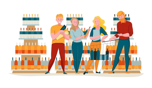 Supermarket Composition With Group Of Friends Buying Alcoholic Drinks With Buggy Cart Vector Illustration