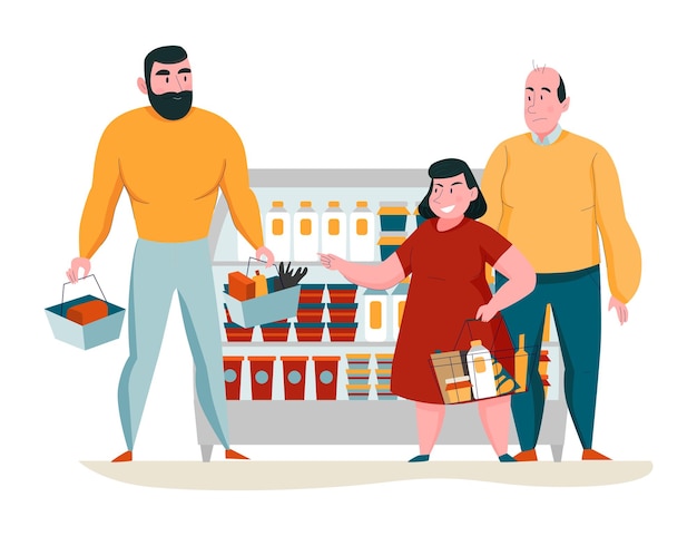 Free vector supermarket composition with human characters of buyers standing at grocery fridge with baskets vector illustration