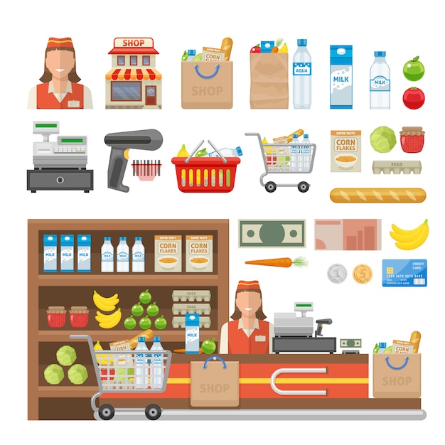 Supermarket decorative elements set with employee equipment of shop food cash and banking card isolated vector illustration