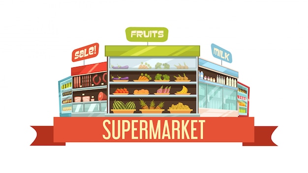 Vettore gratuito manifesto di composizione stand espositore supermercato con scaffali di frutta e prodotti lattiero-caseari
