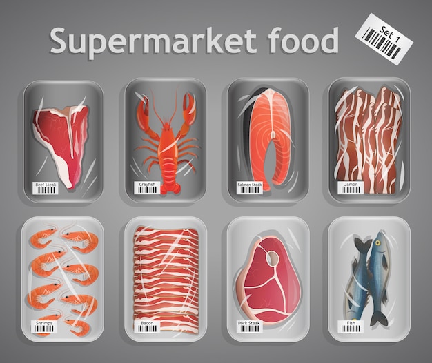 Free vector supermarket fish and meat set illustration