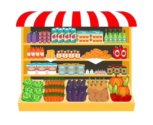 Supermarket. food on shelves eggplant cabbage carrot peppers onions corn bread potatoes. shopping and fresh. vector illustration