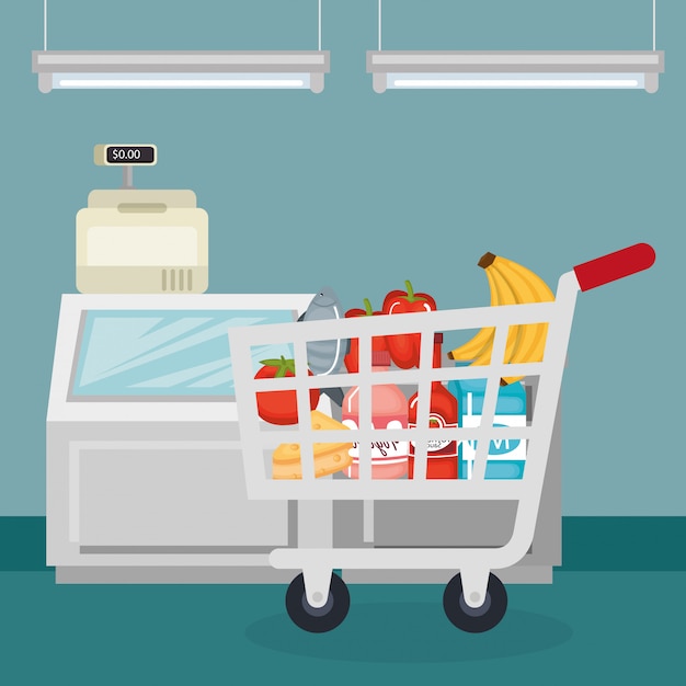 Vettore gratuito generi alimentari supermercato nel carrello della spesa