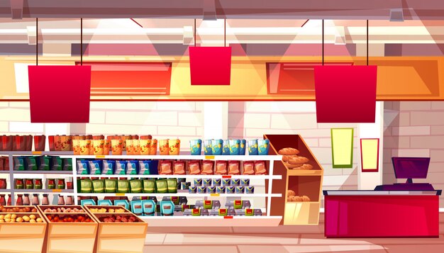 Supermarket and grocery food products on shelves illustration.